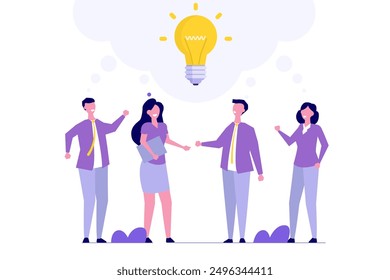 Teamwork or people thinking the same idea, sharing business ideas, knowledge. Office workers team up share lightbulb lamp idea.