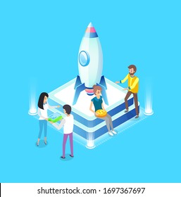 Teamwork of people vector, business startup, isometric 3d planning new strategy, flight and man holding money and gold coin project development rocket