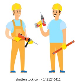 Teamwork of people vector, male waring special clothes, protective gloves and special helmet, man tooling and mounting, vibration dangerous job set