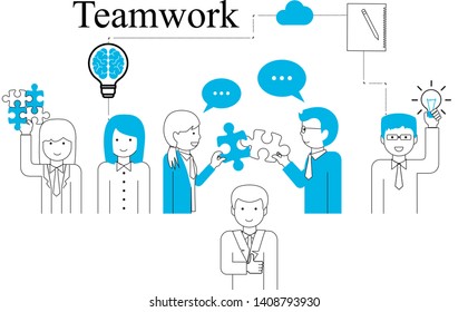 Teamwork People Vector - On White Background - Vector Illustration. Teamwork Line Icons For Web Design, Jigsaw And Team Work Projects. Happy Flat People Holding Puzzle Pieces And Light Bulb Idea Icon
