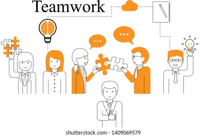 Teamwork People Vector - On White Background - Vector Illustration. Teamwork Line Icons For Web Design, Jigsaw And Team Work Projects. Happy Flat People Holding Puzzle Pieces And Light Bulb Idea Icon