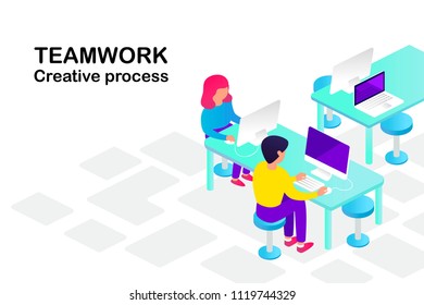 teamwork. people at work. isometric 3d vector illustration.
