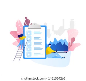 Teamwork. People are working to improve efficiency and celebrate the things that are done. List of cases. Vector illustration.