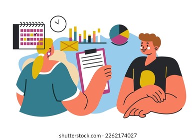 Teamwork people working in team on business project and development of products. Man and woman with analytics, diagrams and timelines, calendar and tools for management. Vector in flat style