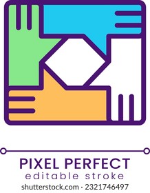 Teamwork pixel perfect RGB color icon. People connection. Business cooperation. Team building. Isolated vector illustration. Simple filled line drawing. Editable stroke. Poppins font used