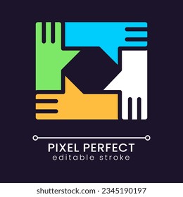 Teamwork pixel perfect RGB color icon for dark theme. People connection. Cooperation. Team building. Simple filled line drawing on night mode background. Editable stroke. Poppins font used