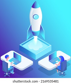 Teamwork with planning business, launching idea. People standing near rocket, startup symbol. Colleagues start project, work with technology, progress management, innovative business development
