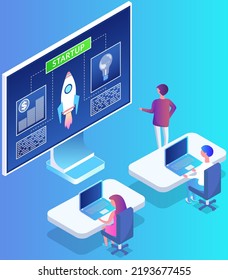 Teamwork with planning business, launching idea. People standing near rocket, startup symbol. Colleagues start project, work with technology, progress management, innovative business development