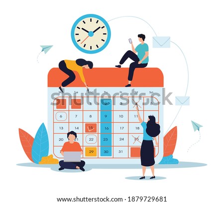 Teamwork and planning concept with businesspeople performing various activities around a monthly calendar below a wall clock for business agendas and schedules, flat cartoon vector illustration