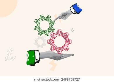 Teamwork planning strategy, gears vector collage art template