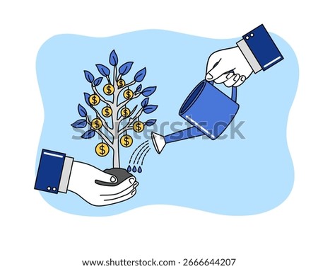 Teamwork planting and watering a growing tree symbolizing success and financial growth, flat vector illustration.