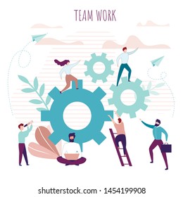 Teamwork Poster with Collaborating Office People. Man and Woman Coworkers Community Work on Business Project, Search Solutions Together. Vector Metaphor Illustration with Flat Gear Wheels and Foliage