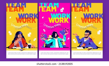 Teamwork posters with people meeting in office and talk together. Vector vertical banners of company workshop, creative team brainstorm with flat illustration of workers conversation