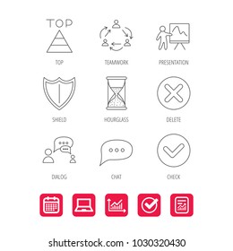 Teamwork, presentation and dialog icons. Chat speech bubble, shield and pyramid linear signs. Check, delete and hourglass flat line icons. Report document, Graph chart and Calendar signs. Vector