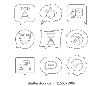Teamwork, presentation and dialog icons. Chat speech bubble, shield and pyramid linear signs. Check, delete and hourglass flat line icons. Linear Speech bubbles with icons set. Comic chat balloon