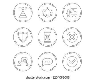 Teamwork, presentation and dialog icons. Chat speech bubble, shield and pyramid linear signs. Check, delete and hourglass flat line icons. Linear Circles web buttons with icons. Vector