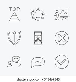 Teamwork, presentation and dialog icons. Chat speech bubble, shield and pyramid linear signs. Check, delete and hourglass flat line icons. Linear black icons on white background.