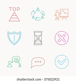 Teamwork, presentation and dialog icons. Chat speech bubble, shield and pyramid linear signs. Check, delete and hourglass flat line icons. Linear colored icons.