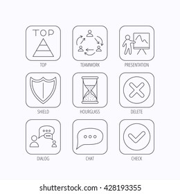 Teamwork, presentation and dialog icons. Chat speech bubble, shield and pyramid linear signs. Check, delete and hourglass flat line icons. Flat linear icons in squares on white background. Vector