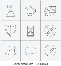Teamwork, presentation and dialog icons. Chat speech bubble, shield and pyramid linear signs. Check, delete and hourglass flat line icons. Linear icons on white background. Vector