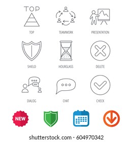 Teamwork, presentation and dialog icons. Chat speech bubble, shield and pyramid linear signs. Check, delete and hourglass flat line icons. New tag, shield and calendar web icons. Download arrow