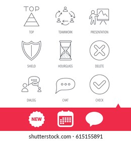 Teamwork, presentation and dialog icons. Chat speech bubble, shield and pyramid linear signs. Check, delete and hourglass flat line icons. New tag, speech bubble and calendar web icons. Vector