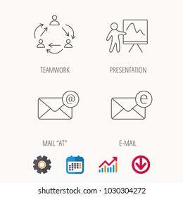 Teamwork, presentation and e-mail icons. E-mail inbox linear sign. Calendar, Graph chart and Cogwheel signs. Download colored web icon. Vector