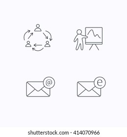 Teamwork, presentation and e-mail icons. E-mail inbox linear sign. Flat linear icons on white background. Vector