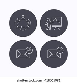 Teamwork, presentation and e-mail icons. E-mail inbox linear sign. Flat icons in circle buttons on white background. Vector