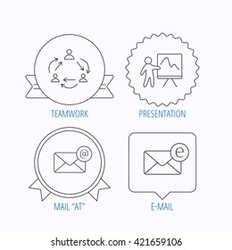 Teamwork, presentation and e-mail icons. E-mail inbox linear sign. Award medal, star label and speech bubble designs. Vector
