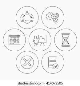 Teamwork, presentation and hourglass icons. Delete or remove linear sign. Check file, calendar and cogwheel icons. Vector