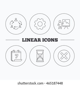 Teamwork, presentation and hourglass icons. Delete or remove linear sign. Flat cogwheel and calendar symbols. Linear icons in circle buttons. Vector