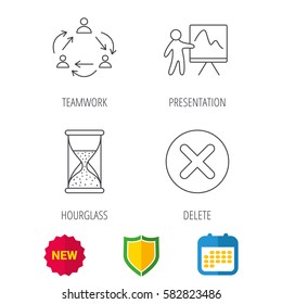 Teamwork, presentation and hourglass icons. Delete or remove linear sign. Shield protection, calendar and new tag web icons. Vector