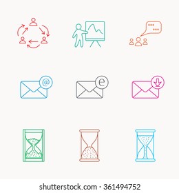 Teamwork, presentation and meeting chat bubbles icons. E-mail inbox, hourglass linear signs. Linear colored icons.