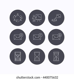 Teamwork, presentation and meeting chat bubbles icons. E-mail inbox, hourglass linear signs. Flat icons in circle buttons on white background. Vector