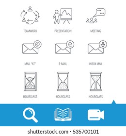 Teamwork, presentation and meeting chat bubbles icons. E-mail inbox, hourglass linear signs. Video cam, book and magnifier search icons. Vector