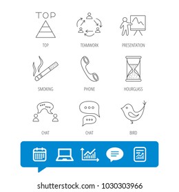 Teamwork, presentation and phone call icons. Chat speech bubble, hourglass and bird linear signs. Smoking, pyramid icons. Report file, Graph chart and Chat speech bubble signs. Vector