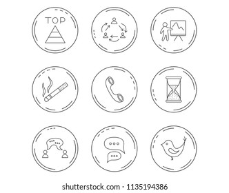 Teamwork, presentation and phone call icons. Chat speech bubble, hourglass and bird linear signs. Smoking, pyramid icons. Linear Circles web buttons with icons. Vector