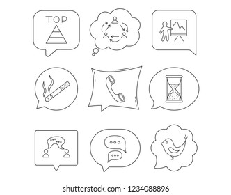 Teamwork, presentation and phone call icons. Chat speech bubble, hourglass and bird linear signs. Smoking, pyramid icons. Linear Speech bubbles with icons set. Comic chat balloon. Vector