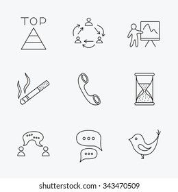 Teamwork, presentation and phone call icons. Chat speech bubble, hourglass and bird linear signs. Smoking, pyramid icons. Linear black icons on white background.