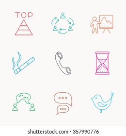 Teamwork, presentation and phone call icons. Chat speech bubble, hourglass and bird linear signs. Smoking, pyramid icons. Linear colored icons.
