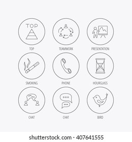 Teamwork, presentation and phone call icons. Chat speech bubble, hourglass and bird linear signs. Smoking, pyramid icons. Linear colored in circle edge icons.