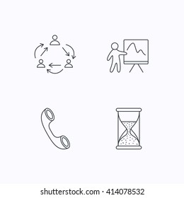 Teamwork, presentation and phone call icons. Hourglass linear sign. Flat linear icons on white background. Vector