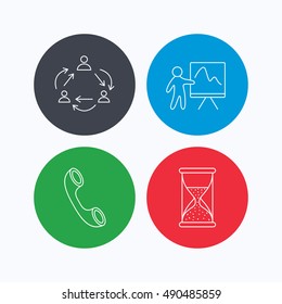 Teamwork, presentation and phone call icons.