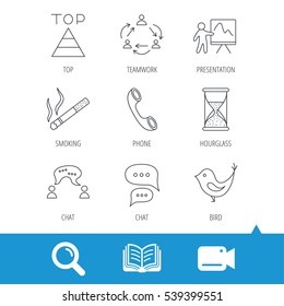 Teamwork, presentation and phone call icons. Chat speech bubble, hourglass and bird linear signs. Smoking, pyramid icons. Video cam, book and magnifier search icons. Vector