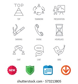 Teamwork, presentation and phone call icons. Chat speech bubble, hourglass and bird linear signs. Smoking, pyramid icons. New tag, shield and calendar web icons. Download arrow. Vector