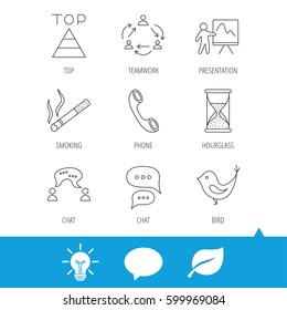 Teamwork, presentation and phone call icons. Chat speech bubble, hourglass and bird linear signs. Smoking, pyramid icons. Light bulb, speech bubble and leaf web icons. Vector
