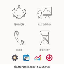 Teamwork, presentation and phone call icons. Hourglass linear sign. Calendar, Graph chart and Cogwheel signs. Download colored web icon. Vector