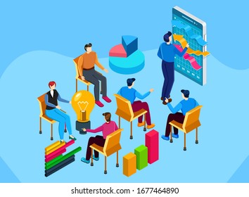 Teamwork. Presentation of result and discussion by the members of the business project team. Creative vector business isometric illustration.