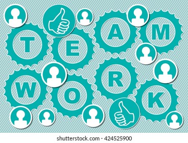 Teamwork presentation slide with inscription Team work in gear shapes. Small people icons. Icon with thumb as symbol of success. Vector on striped background in green design. Teamwork illustration.